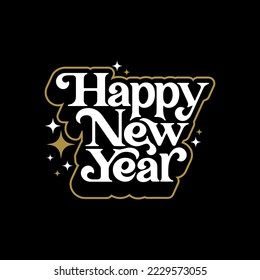 Lettering Happy New Year Vector Calligraphy Design, White and Gold on Black Background, Usable for Poster, Banners, Postcards, Wallpaper, Gifts etc.