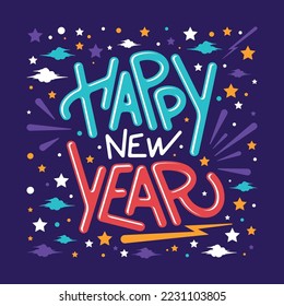 Lettering Happy New Year Vector, Calligraphy Design, Usable for Poster, Banners, Postcards, Wallpaper, Gifts etc.