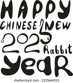 lettering happy new year of the water rabbit and bunny of numbers 2023 in hand draw style. Lunar zodiac symbol of Year of cat or rabbit . Chinese New Year 2023 Christmas logo. Vector illustration