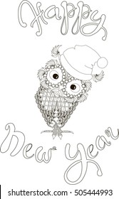 Lettering Happy New Year, zentangle cute owl, coloring page vector illustration