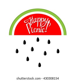 Lettering happy picnic on watermelon background. Illustration vector