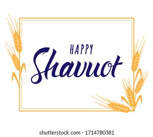 Lettering for Happy Shavuot. Handwrite vector illustration for the Jewish holiday of Shavuot. Wheat gold frame greeting card