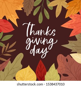 Lettering happy thanksgiving phrase handwritten with calligraphic font and decorated by autumn leaves, mushroom. Colorful seasonal vector illustration quote for holiday greeting card, postcard, poster