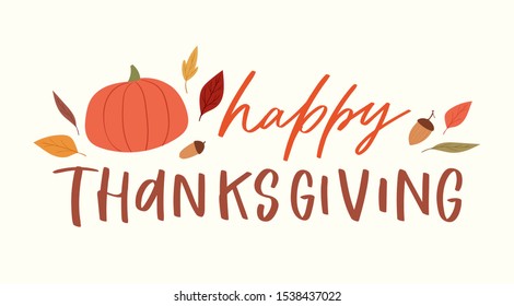 Lettering happy thanksgiving phrase handwritten with calligraphic font and decorated by autumn leaves, mushroom. Colorful seasonal vector illustration quote for holiday greeting card, postcard, poster