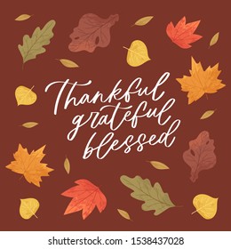 Lettering happy thanksgiving phrase handwritten with calligraphic font and decorated by autumn leaves, mushroom. Colorful seasonal vector illustration quote for holiday greeting card, postcard, poster