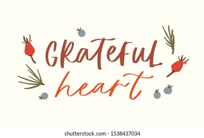 Lettering happy thanksgiving phrase handwritten with calligraphic font and decorated by autumn leaves, mushroom. Colorful seasonal vector illustration quote for holiday greeting card, postcard, poster