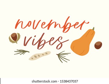 Lettering happy thanksgiving phrase handwritten with calligraphic font and decorated by autumn leaves, mushroom. Colorful seasonal vector illustration quote for holiday greeting card, postcard, poster
