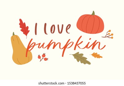 Lettering happy thanksgiving phrase handwritten with calligraphic font and decorated by autumn leaves, mushroom. Colorful seasonal vector illustration quote for holiday greeting card, postcard, poster