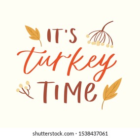 Lettering happy thanksgiving phrase handwritten with calligraphic font and decorated by autumn leaves, mushroom. Colorful seasonal vector illustration quote for holiday greeting card, postcard, poster
