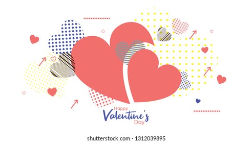 Lettering Happy Valentines Day banner, living coral color. Greeting card template with typography text happy valentine`s day and hearts .Vector illustration
