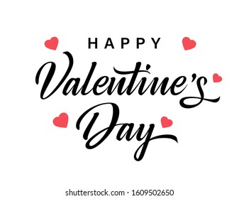 Lettering Happy Valentines Day banner black. Valentines Day greeting card template with typography text happy valentine`s day and pink hearts on background. Vector illustration for sale discount