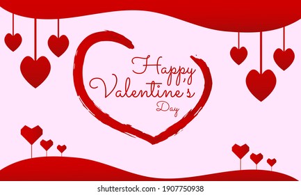 Lettering Happy Valentines Day banner. Valentines Day greeting card template with typography text happy valentine`s day, red hearts and pink background. Vector illustration