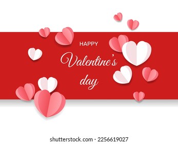 Lettering Happy Valentines Day banner. Valentines Day greeting card template with typography text happy valentine`s day and hearts on red background. Vector illustration isolated on white background