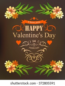 Lettering Happy Valentine's Day with flowers and ornaments greeting card