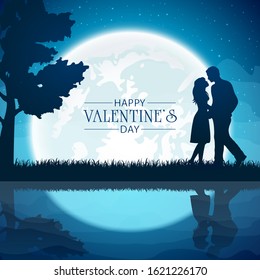 Lettering Happy Valentine's Day with loving couple and moon on the night sky background. Valentines illustration with man and woman can be used for holiday design, posters, cards, websites, banners.