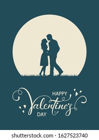 Lettering Happy Valentine's Day with loving couple and moon on blue background. Valentines illustration with man and woman in love can be used for holiday design, posters, cards, websites, banners.