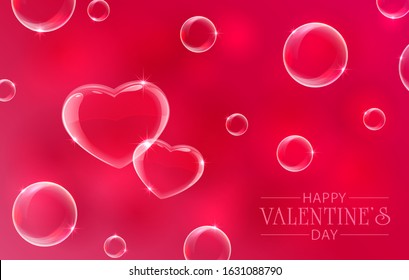 Lettering Happy Valentines Day on pink background with soap bubbles in the form of valentines hearts. Illustration can be used for holiday design, posters, cards, websites, banners.