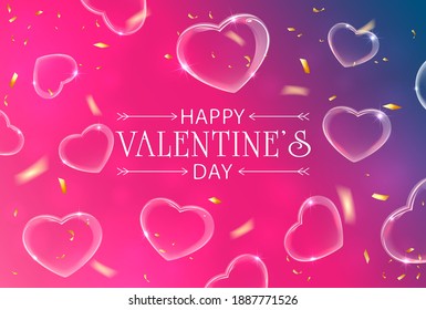 Lettering Happy Valentines Day on pink and blue background with soap bubbles in the form of valentines hearts. Illustration can be used for holiday design, posters, cards, websites, banners.
