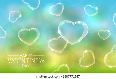 Lettering Happy Valentines Day on green and blue background with soap bubbles in the form of valentines hearts. Illustration can be used for holiday design, posters, cards, websites, banners.