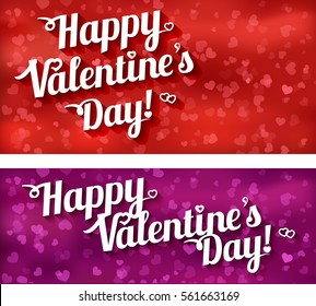 lettering - happy Valentines day on red and violet background. On the background of hearts. Postcard Valentines day.