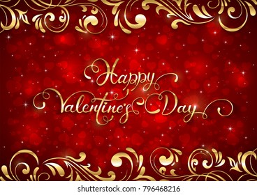 Lettering Happy Valentines Day on red background with Valentines hearts and golden ornate elements, illustration. 
