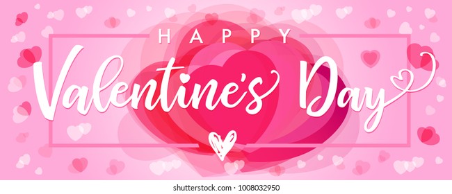 Lettering Happy Valentines Day pink hearts banner. Valentines Day greeting card template with typography text happy valentine`s on pink hearts in frame on background. Vector illustration
