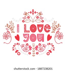 Lettering Happy Valentines Day. Pink Typography in scandinavian style with floral ornament. Vector ilustration.