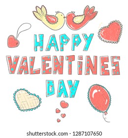 lettering Happy Valentines Day, stylized large letters on a white background with elements for design