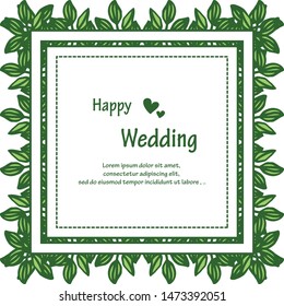 Lettering of happy wedding, greeting card design. Vector