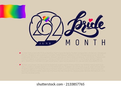 Lettering with heart rainbow colours with texts 2022 Pride Month, concept for LGBTQ community in pride month. Vector rainbow community pride month. Love, freedom, support, peace flat symbol.