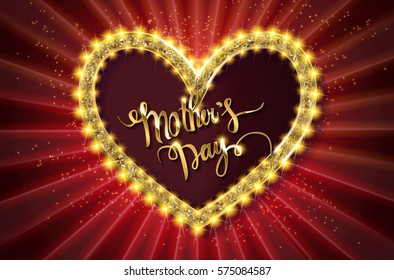 Lettering in heart shape. Happy Mother s day. Hand drawing style.Holiday handwriting text. Mother s day Invitation, poster. Red version. Dark background