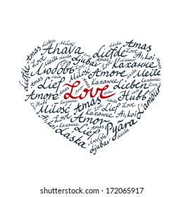 Lettering Heart with the words "Love" in different languages.  Isolated on White. Valentine Card.