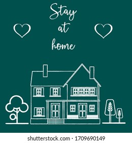 Lettering with hearts and house on green background