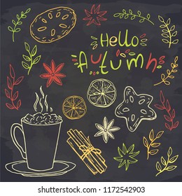 Lettering Hello Autumn and cup hot drink, leaves, lemon, biscuit, aniseed on chalkboard. Vector illustration. Perfect for postcard, greeting card, print.