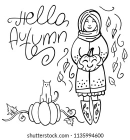 Lettering Hello Autumn, girl with a jack lantern in her hand and cat on pumpkin on white. Perfect for coloring book, greeting card, print.
