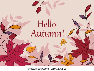 lettering hello autumn oak and maple leaves berries and twigs with small leaves
