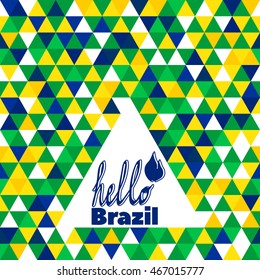 Lettering Hello Brazil. Vector Seamless Pattern, Background in Brazil flag concept, yellow, green, blue. Latin American bright backdrop.