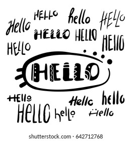 Lettering, Hello, handwritten word set, isolated, hand drawn, black and white