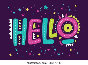 Lettering Hello, letters Hello on  background with stars. Welcome sign. Ideal for web, banner, tag, invitation