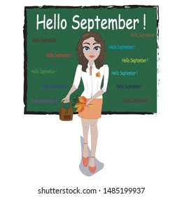 Lettering Hello September. Background with teacher or schoolgirl, briefcase, yellow leaves, red berries, blackboard. Autumn. School. Colorful design for textile, wallpaper, fabric, decor, t shirt. 