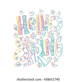  Lettering Hello spring with decorative flower elements. Sketchy style.