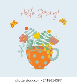 Lettering hello spring with flowers in a cup for greeting card.	