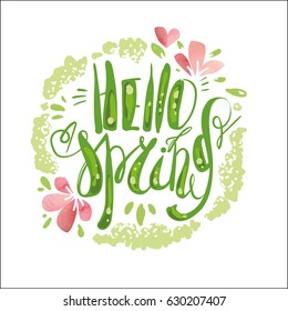 Lettering "Hello Spring." Hand writing. Green.