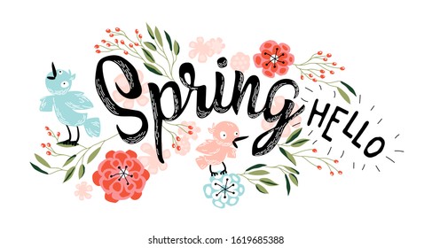 Lettering Hello Spring on the background of flowering plants. Birds, flowers and grass are inviting to the new fresh spring season. Vector illustration template banners wallpaper flyers invitation.