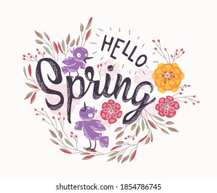 Hola Primavera sobre el fondo de las plantas florecientes.