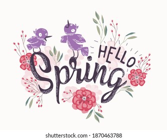 Hola Primavera sobre el fondo de las plantas florecientes.