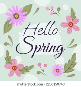 Salto de bienvenida primavera en el fondo con flores y hojas en estilo de dibujo a mano