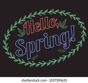 Lettering Hello, Spring! with a pattern of leaves on a black background. Drawing chalk on a blackboard. Vector greeting card for your design.