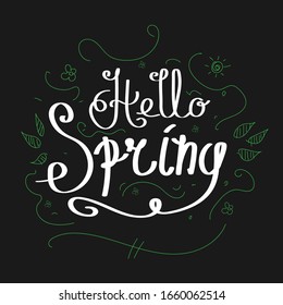 Lettering hello spring season with leaf for greeting card, invitation template. Retro, vintage lettering banner poster template background