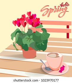 Lettering Hello spring A table in a cafe with a flower cyclamen in a pot and a cup of coffee with candy. Vector illustration for greeting cards and greetings with hearts